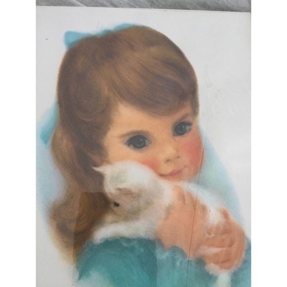 Vintage girl with white cat print brown hair hazel eyes 60s 14 x 11 MCM boho - Picture 3 of 8